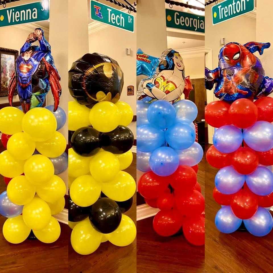 Superhero balloon displays at Alpine Skilled Nursing and Rehabilitation for an event in Ruston, LA.