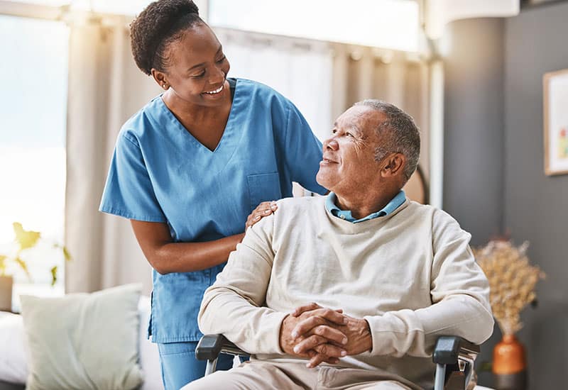 Senior man in a wheelchair receiving respite care