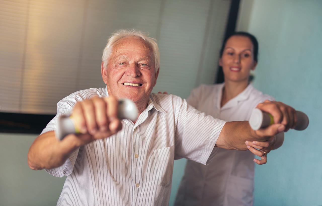 A Senior using weights during outpatient therapy at Alpine Skilled Nursing and Rehabilitation